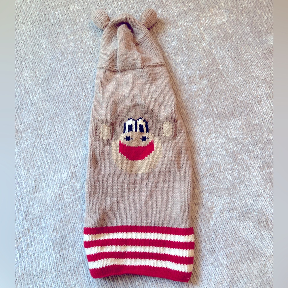 Paul Frank Beige Monkey Knit Dog Sweater with Red & White Stripes